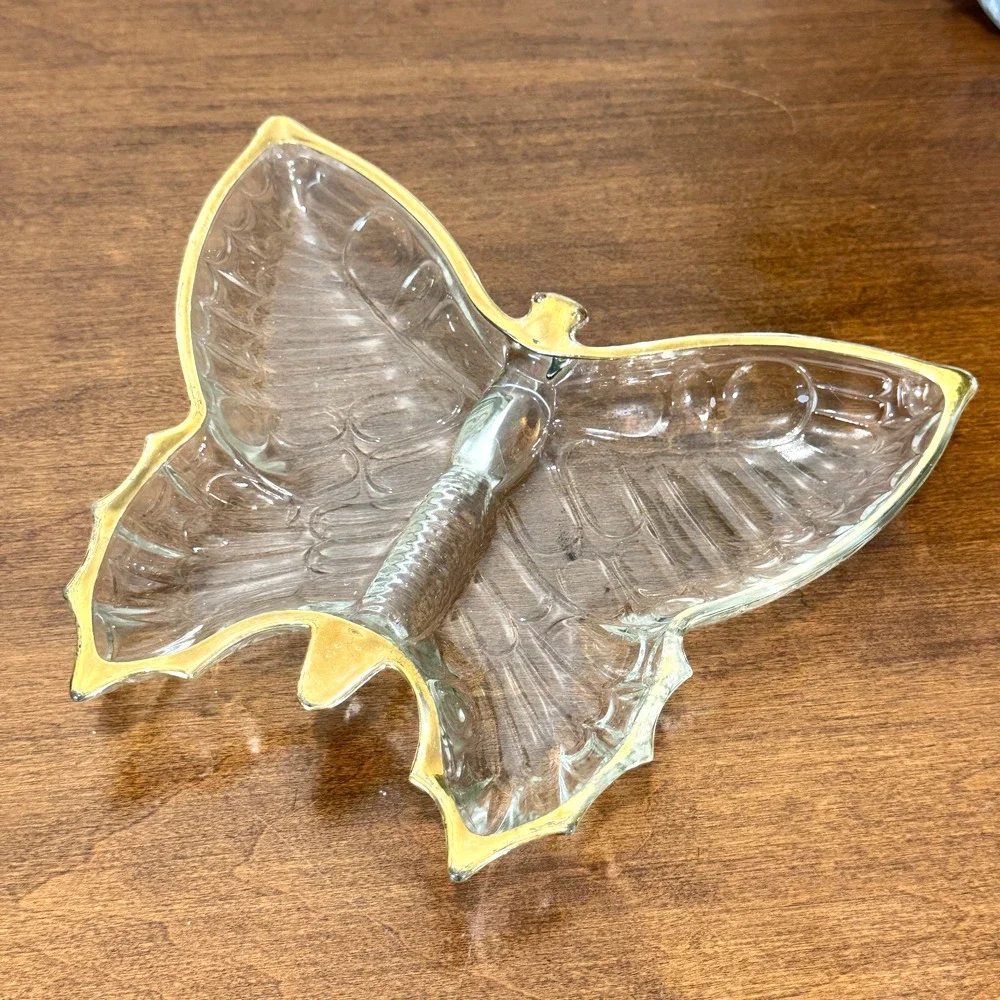 Vintage Clear Glass Butterfly Divided Candy Nut Dish Gold Trim Mid Century